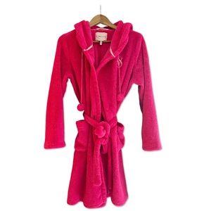 Victoria Secret cozy robe with poms and hood, bright pink, size Medium.